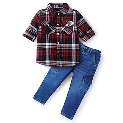 Babyhug Cotton Woven Full Sleeves Checks Shirt & Denim Jeans Set - Red & Blue