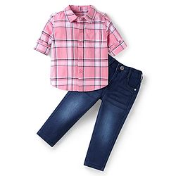 Babyhug Cotton Woven Full Sleeves Checkered Shirt & Solid Denim Jeans - Pink & Blue