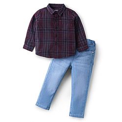 Babyhug Cotton Woven Full Sleeves Checkered Shirt & Solid Denim Jeans Set - Maroon & Light Blue