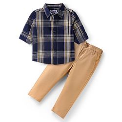Babyhug Cotton Woven Full Sleeves Checkered Shirt & Solid Denim Jeans Set - Navy Blue & Khaki