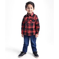 Babyhug Cotton Woven Full Sleeves Checks Shirt & Denim Jeans Set - Red & Blue