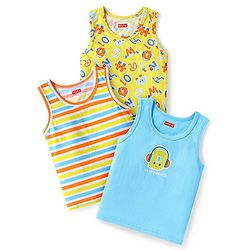 Babyhug 100% Cotton Knit Sleeveless Sando Vests With Stripes & Alphabet Print Pack of 3 - Blue & Yellow