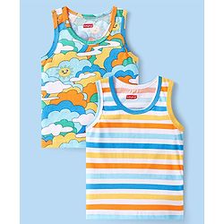 Babyhug 100 % Cotton Knit Sleeveless Sando with Sky Print & Stripes Pack of 2 - Multicolor