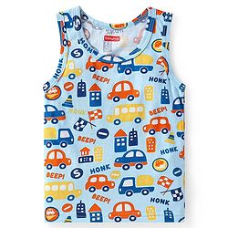 Babyhug 100% Cotton Knit Sleeveless Sando Vests With Stripes & Vehicle Print Pack of 2 - Blue