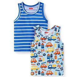 Babyhug 100% Cotton Knit Sleeveless Sando Vests With Stripes & Vehicle Print Pack of 2 - Blue