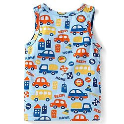 Babyhug 100% Cotton Knit Sleeveless Sando Vests With Stripes & Vehicle Print Pack of 2 - Blue