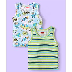 Babyhug 100% Cotton Knit Sleeveless Sando with Stripes & Space Print Pack of 2 -  Light Blue & Green