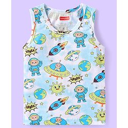 Babyhug 100% Cotton Knit Sleeveless Sando with Stripes & Space Print Pack of 2 -  Light Blue & Green