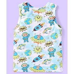 Babyhug 100% Cotton Knit Sleeveless Sando with Stripes & Space Print Pack of 2 -  Light Blue & Green