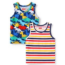 Babyhug 100% Cotton Knit Sleeveless Sandos with Stripes & Dino Print Pack of 2 - Navy Blue