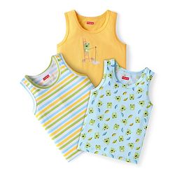 Babyhug 100% Cotton Sleeveless Sandos Striped & Frog Print Pack of 3 - Light Blue Yellow