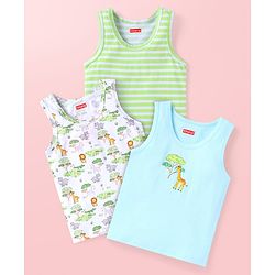 Babyhug Single Jersey Knit Sleeveless Striped & Animal Print Sando Pack of 3 - Light Green Light Blue & White