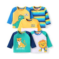 Babyhug Cotton Knit Full Sleeves T-Shirts with Stripes & Animal Print Pack of 5 - Multicolor