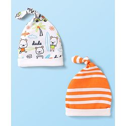 Babyhug 100% Cotton Knit Striped & Animal Printed Caps With Knot Design Pack of 2 - Orange & White