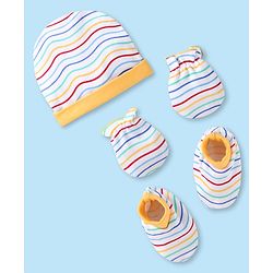 Babyhug 100% Cotton Knit Striped Cap Mittens & Booties Yellow - Diameter 9 cm