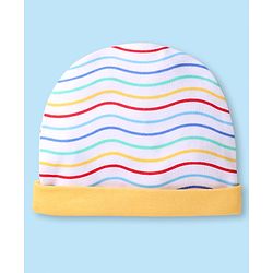 Babyhug 100% Cotton Knit Striped Cap Mittens & Booties Yellow - Diameter 9 cm