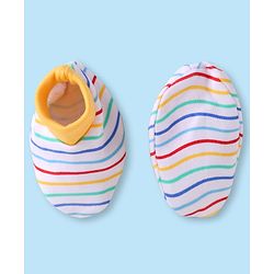 Babyhug 100% Cotton Knit Striped Cap Mittens & Booties Yellow - Diameter 9 cm