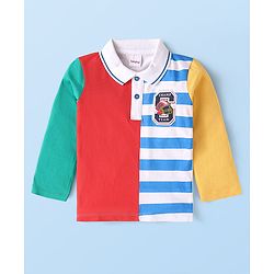 Babyhug Cotton Knit Full Sleeves Cut & Sew Polo T-Shirt with Stripes & Patch Detailing - Multicolor
