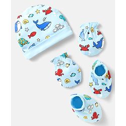 Babyhug 100% Cotton Interlock Knit Cap Mittens & Booties Set With Fish Print Light Blue - Diameter 11.5