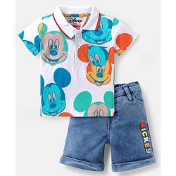Babyhug Disney Cotton Knit Half Sleeves T-Shirt & Denim Shorts Set with Mickey Mouse Print - White Blue