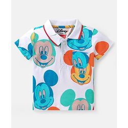 Babyhug Disney Cotton Knit Half Sleeves T-Shirt & Denim Shorts Set with Mickey Mouse Print - White Blue