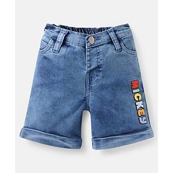 Babyhug Disney Cotton Knit Half Sleeves T-Shirt & Denim Shorts Set with Mickey Mouse Print - White Blue