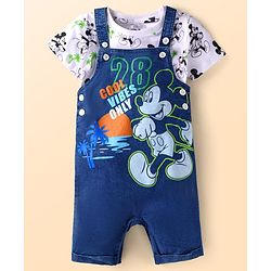 Babyhug Disney Single Jersey Knit Dungaree & Half Sleeves T-Shirt With Mickey Mouse Graphics - Navy Blue & White