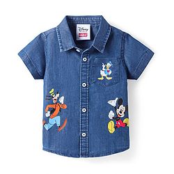 Babyhug Disney Knit Half Sleeves Denim Shirt with Mickey Mouse & Family Graphics  - Navy Blue