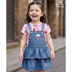 Babyhug Disney Single Jersey Knit Denim Frock & Half Sleeves Top with Winnie the Pooh Graphics - Navy Blue