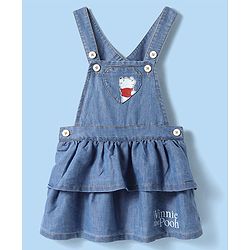 Babyhug Disney Single Jersey Knit Denim Frock & Half Sleeves Top with Winnie the Pooh Graphics - Navy Blue
