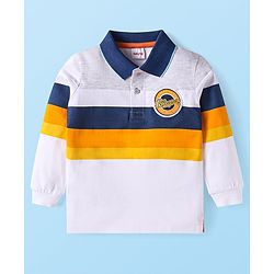 Babyhug Cotton Knit Full Sleeves Polo T-Shirt With Cut & Sew Design & Text Patch - White