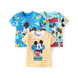 Babyhug Disney Single Jersey Knit Half Sleeves T-Shirts with Mickey & Friends Graphics Pack of 3 - Blue & Yellow