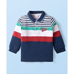 Babyhug Cotton Knit Full Sleeves Cut & Sew Polo T-Shirt with Stripes & Patch Detailing - Multicolor