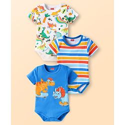 Babyhug Disney Interlock Knit Half Sleeves Onesies With  Stripes Dino Graphics Pack Of 3 - Blue & White