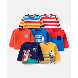 Babyhug Cotton Knit Full Sleeves T-Shirts With Stripes Text & Animal Print Pack Of 7 - Blue Yellow Orange