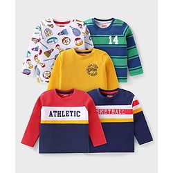 Babyhug Cotton Knit Full Sleeves T-Shirt with Stripes & Sport Graphics Pack of 5 - Navy Blue White Yellow