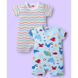 Babyhug 100% Cotton Knit Half Sleeves Rompers with Sea Life Print & Stripes Pack of 2 - White & Light Blue