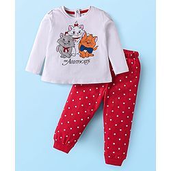 Babyhug Disney Single Jersey Knit Full Sleeves Night Suit With Marie & Friends Graphic - Red & White