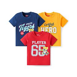 Babyhug Cotton Knit Half Sleeves T-Shirts with Tiger & Text Print Pack of 3 - Yellow Red & Navy Blue