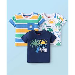 Babyhug Cotton Knit Half Sleeves T-Shirts with Beach Theme Print & Stripes Pack of 3 - Navy Blue & White