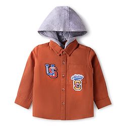 Babyhug Cotton Woven Full Sleeves Text Printed Shirt with Detachable Hood - Rust Orange
