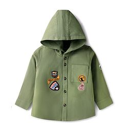 Babyhug Cotton Woven Full Sleeves Hooded Shirt with Text Patch - Olive Green
