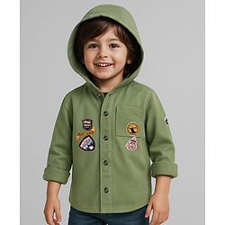 Babyhug Cotton Woven Full Sleeves Hooded Shirt with Text Patch - Olive Green