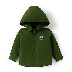 Babyhug Cotton Woven Full Sleeves Hooded Shirt with Patch Detailing - Dark Green