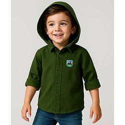 Babyhug Cotton Woven Full Sleeves Hooded Shirt with Patch Detailing - Dark Green