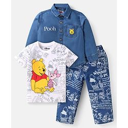 Babyhug Disney Single Jersey Knit Full Sleeves Shirt & Jeans Set With T-Shirt & Winnie The Pooh Graphics - Blue
