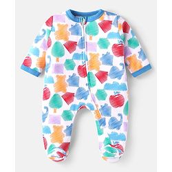 Babyhug Cotton Knit Full Sleeves Footed Sleep Suit With Jungle Theme Print - White