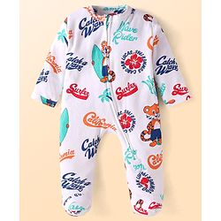 Babyhug Cotton Knit Full Sleeves Footed Sleep Suit With Text Print - White