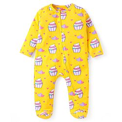 Babyhug Cotton Knit Full Sleeves Footed Sleep Suit With Cup Cake Print - Yellow