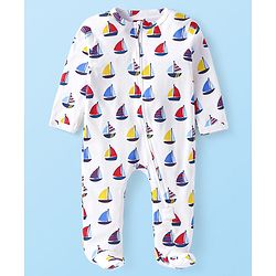 Babyhug Cotton Knit Full Sleeves Footed Sleepsuit with Sailboat Print - White